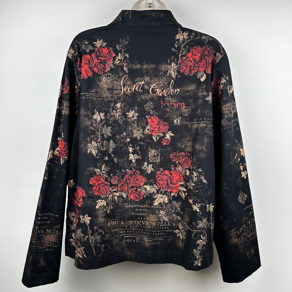 VTG Cactus Jacket Blazer Full Zip Secret Garden Floral Rinestones Black L Artsy - Picture 7 of 13